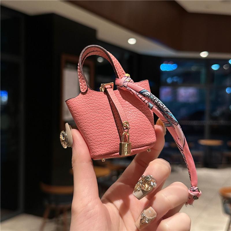 Mini Vegetable Basket Bag Pendant Hanging Accessories High Quality Leather Car Keychain Earphone Bag Pendant with Colorful Strap Today Catch the Moment