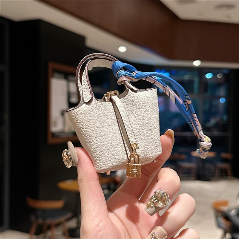 Mini Vegetable Basket Bag Pendant Hanging Accessories High Quality Leather Car Keychain Earphone Bag Pendant with Colorful Strap Today Catch the Moment