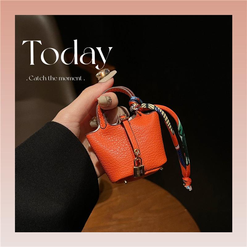 Mini Vegetable Basket Bag Pendant Hanging Accessories High Quality Leather Car Keychain Earphone Bag Pendant with Colorful Strap Today Catch the Moment