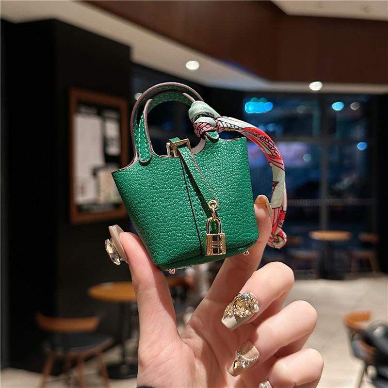 Mini Vegetable Basket Bag Pendant Hanging Accessories High Quality Leather Car Keychain Earphone Bag Pendant with Colorful Strap Today Catch the Moment