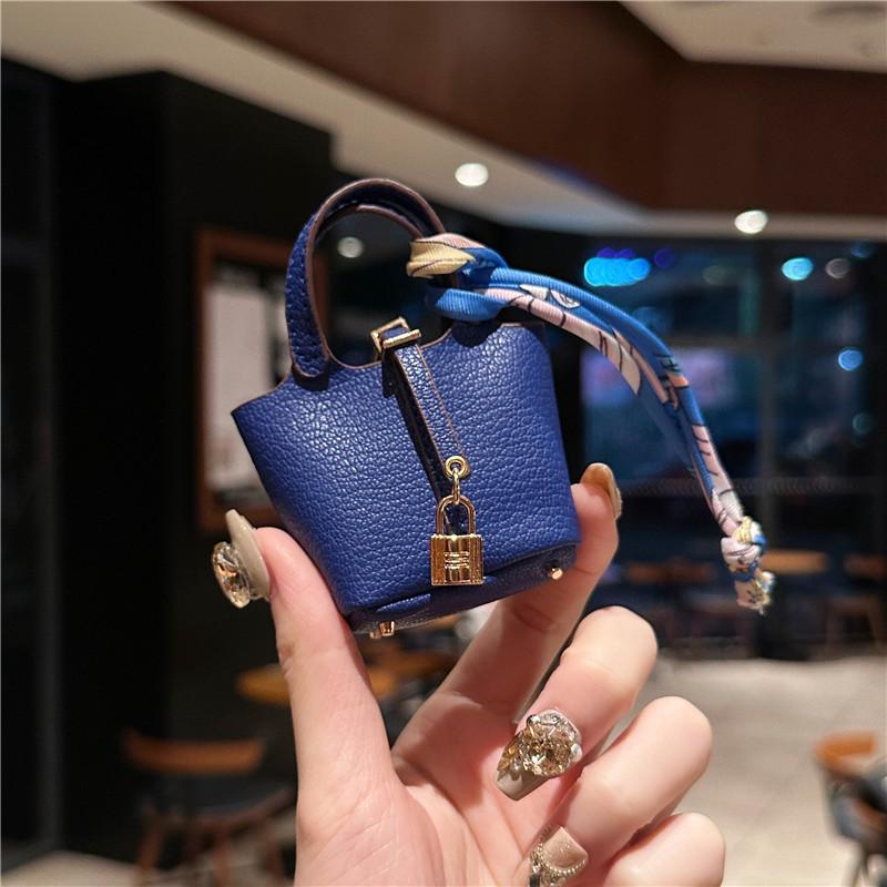 Mini Vegetable Basket Bag Pendant Hanging Accessories High Quality Leather Car Keychain Earphone Bag Pendant with Colorful Strap Today Catch the Moment