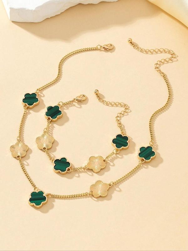 Women's Elegant Fashion Flower Charm Jewelry Set, Pendant Necklace & Bracelet, Casual 2025 New Trendy Matching Fashionable Jewelry Set for Party, Daily Clothing Decor for Girl