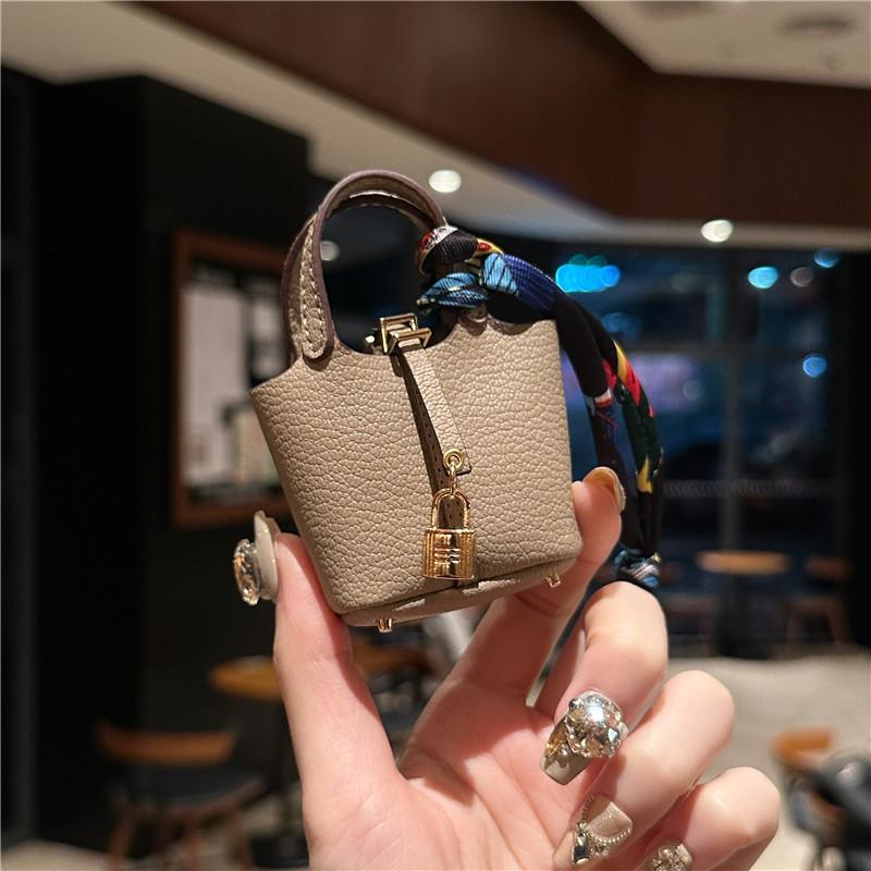 Mini Vegetable Basket Bag Pendant Hanging Accessories High Quality Leather Car Keychain Earphone Bag Pendant with Colorful Strap Today Catch the Moment