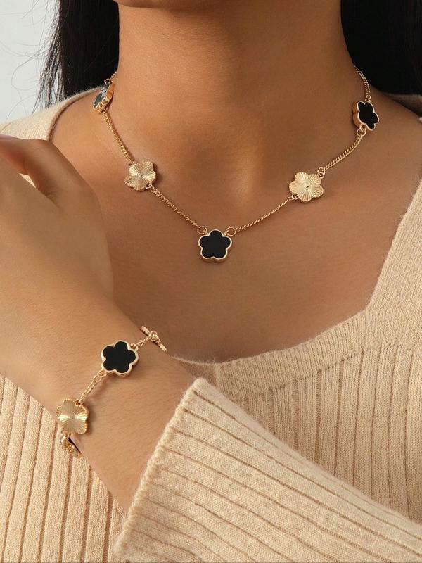 Women's Elegant Fashion Flower Charm Jewelry Set, Pendant Necklace & Bracelet, Casual 2025 New Trendy Matching Fashionable Jewelry Set for Party, Daily Clothing Decor for Girl