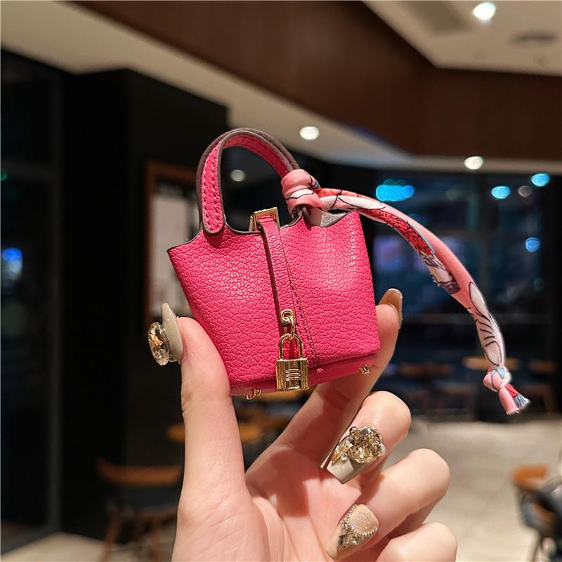 Mini Vegetable Basket Bag Pendant Hanging Accessories High Quality Leather Car Keychain Earphone Bag Pendant with Colorful Strap Today Catch the Moment