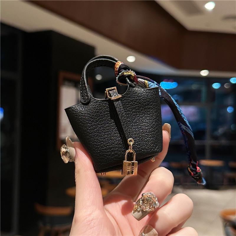 Mini Vegetable Basket Bag Pendant Hanging Accessories High Quality Leather Car Keychain Earphone Bag Pendant with Colorful Strap Today Catch the Moment