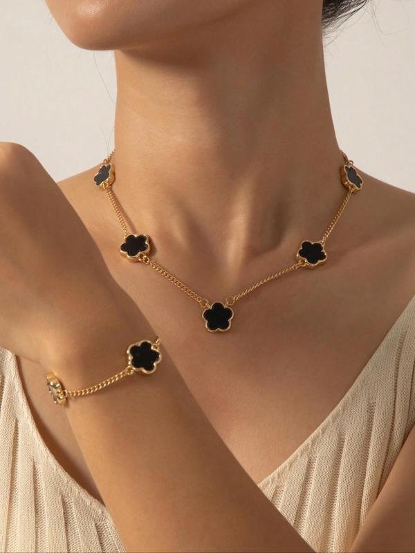 2pcs/set Women's Elegant Fashion Flower Decorated Necklace & Bracelet, Casual Trendy Jewelry Set for Party, Daily Clothing Decor for Girl
