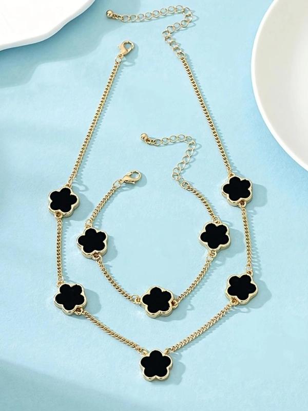 2pcs/set Women's Elegant Fashion Flower Decorated Necklace & Bracelet, Casual Trendy Jewelry Set for Party, Daily Clothing Decor for Girl