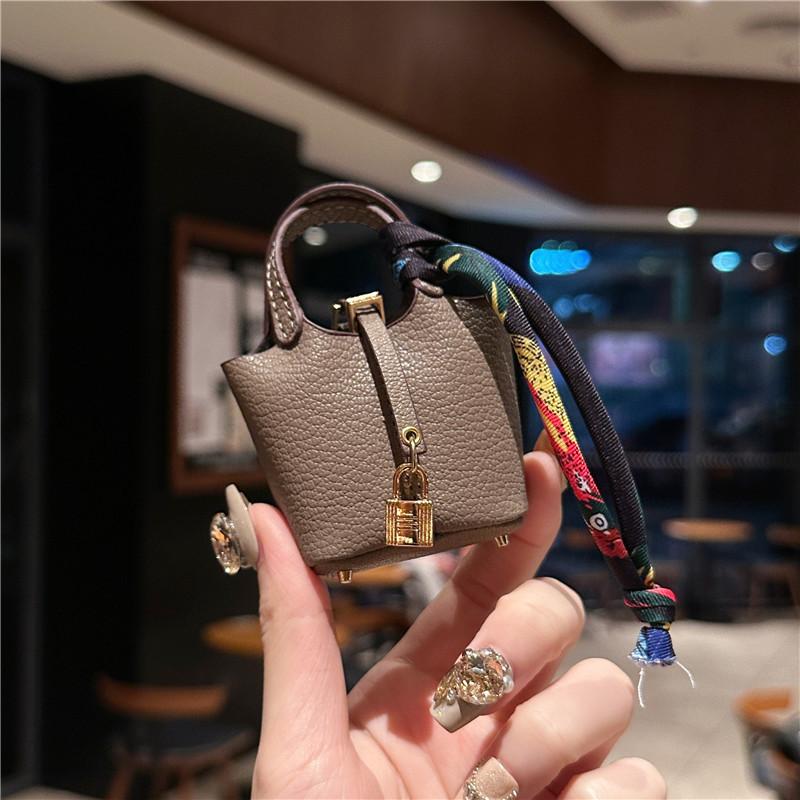 Mini Vegetable Basket Bag Pendant Hanging Accessories High Quality Leather Car Keychain Earphone Bag Pendant with Colorful Strap Today Catch the Moment