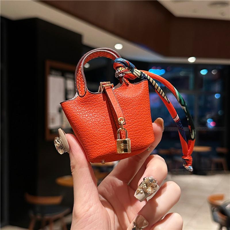 Mini Vegetable Basket Bag Pendant Hanging Accessories High Quality Leather Car Keychain Earphone Bag Pendant with Colorful Strap Today Catch the Moment