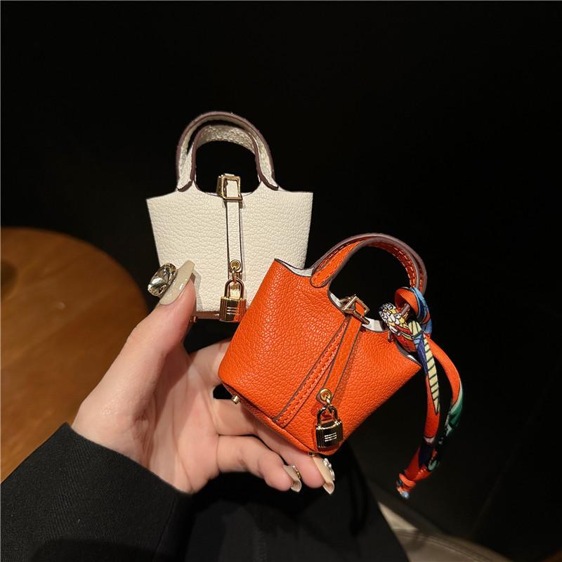 Mini Vegetable Basket Bag Pendant Hanging Accessories High Quality Leather Car Keychain Earphone Bag Pendant with Colorful Strap Today Catch the Moment
